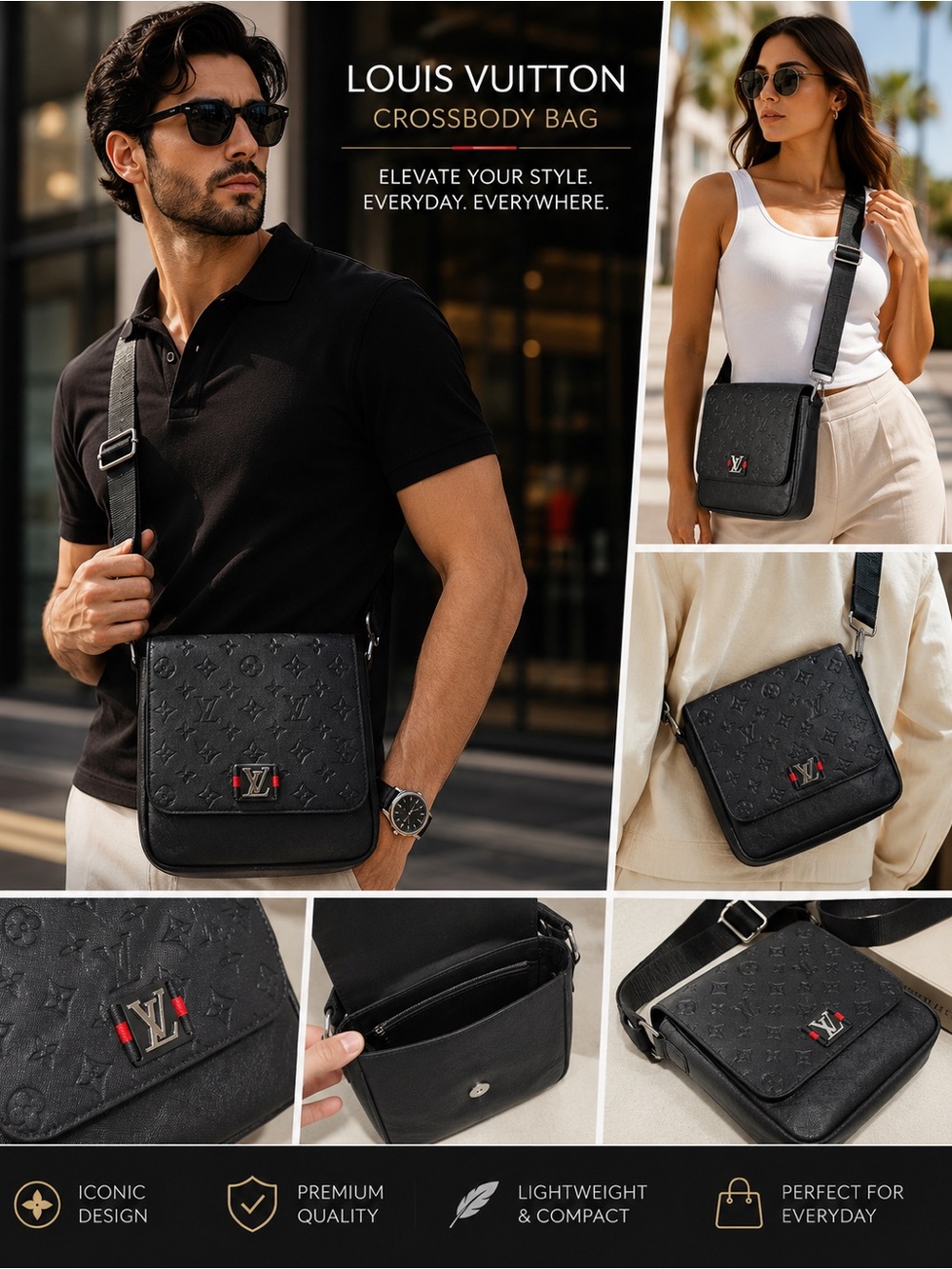 Louis Vuitton Black Embossed Monogram Messenger Bag with Red Accent